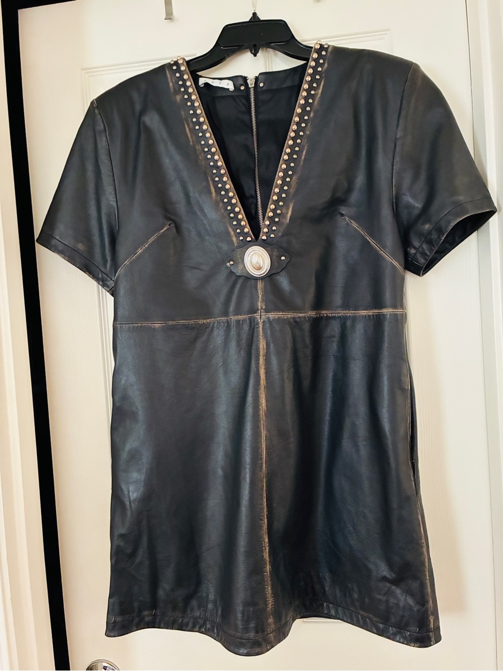 AREA Black Leather Dress with Studded V-Neck - Stunning dress